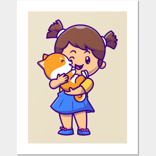 Cute Girl Hug Shiba Inu Dog Cartoon Posters and Art